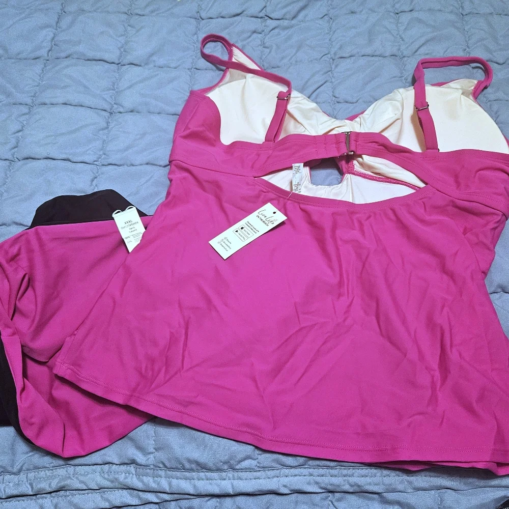 CUPSHE 2pc Tankini With Reversible Bottoms Fushia Pink & Black XXXL NWT